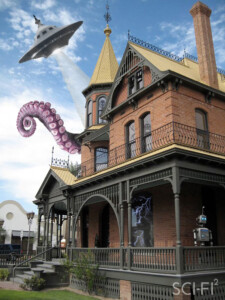 An edited picture of Rosson House at historic The Square PHX, with a science fiction theme. A robot, a ufo, and a giant monster tentacle have been added, along with a few other sci-fi themed things.