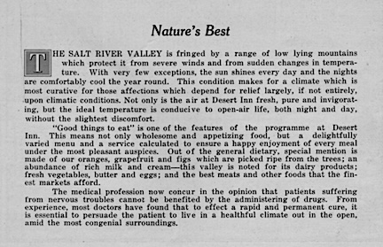 A page from a tuberculosis sanitarium brochure, that talks about how fresh air, lots of sunlight, and healthy food will make consumptive patients feel better.